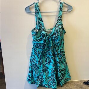 Turquoise Leaf-Print One-Piece Swimdress